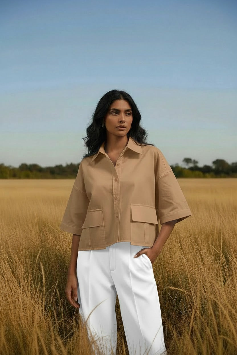 The Perfect Lyon Cropped Shirt Camel