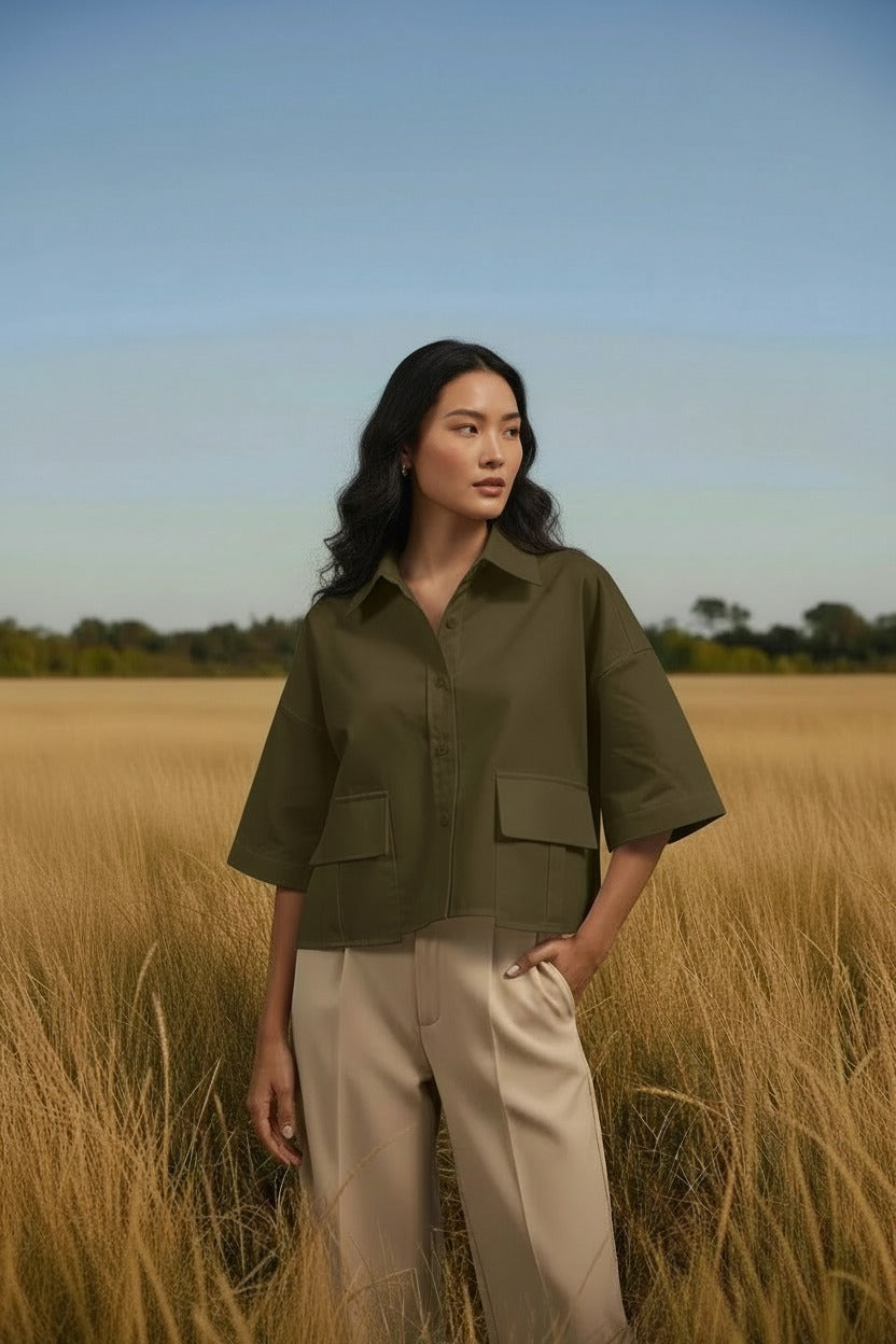 The Perfect Lyon Cropped Shirt Olive
